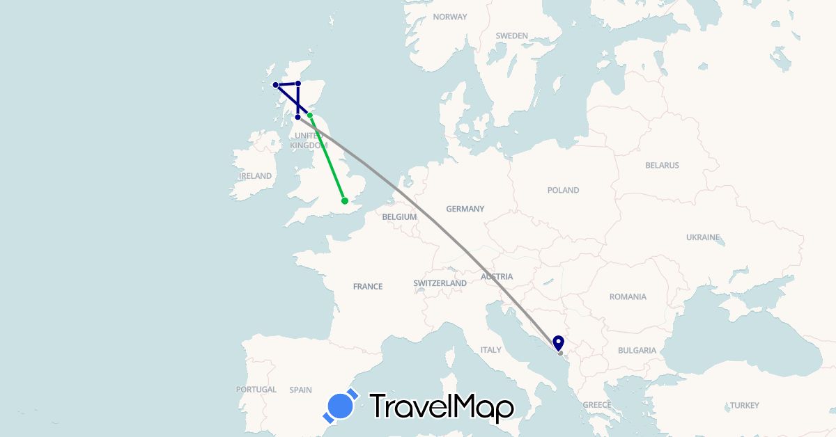 TravelMap itinerary: driving, bus, plane in United Kingdom, Montenegro (Europe)